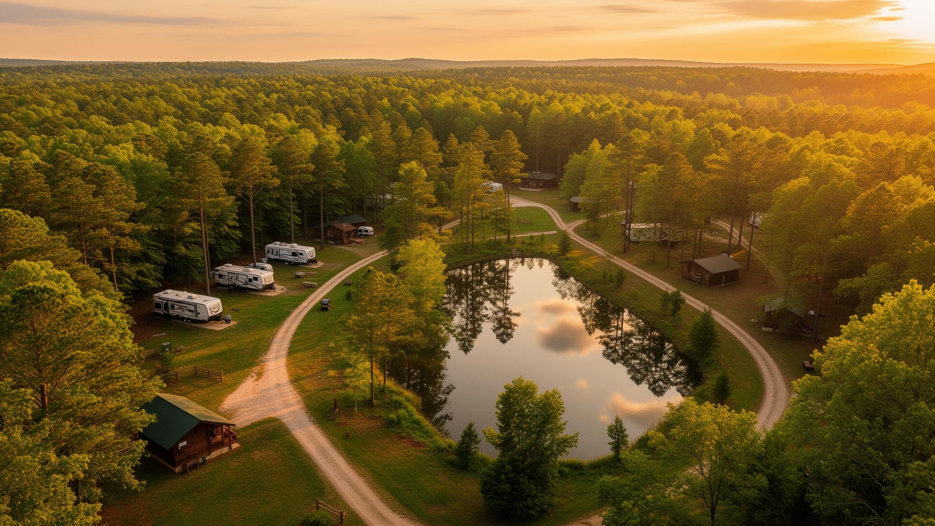 Aerial golden-hour view of Cobles Landing — 25 acres of RV sites, pond, and forest in Polkton, NC